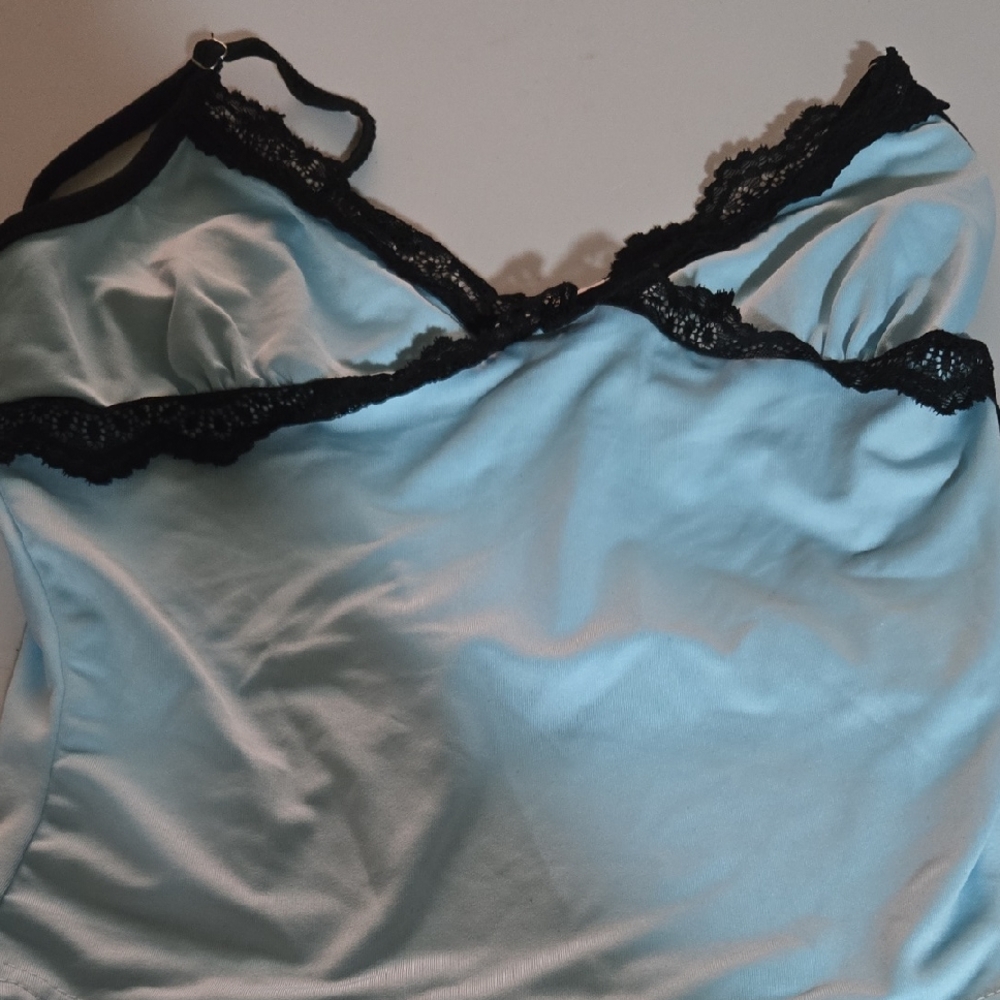 SHEIN Blue Chemise with Black Lace Trim